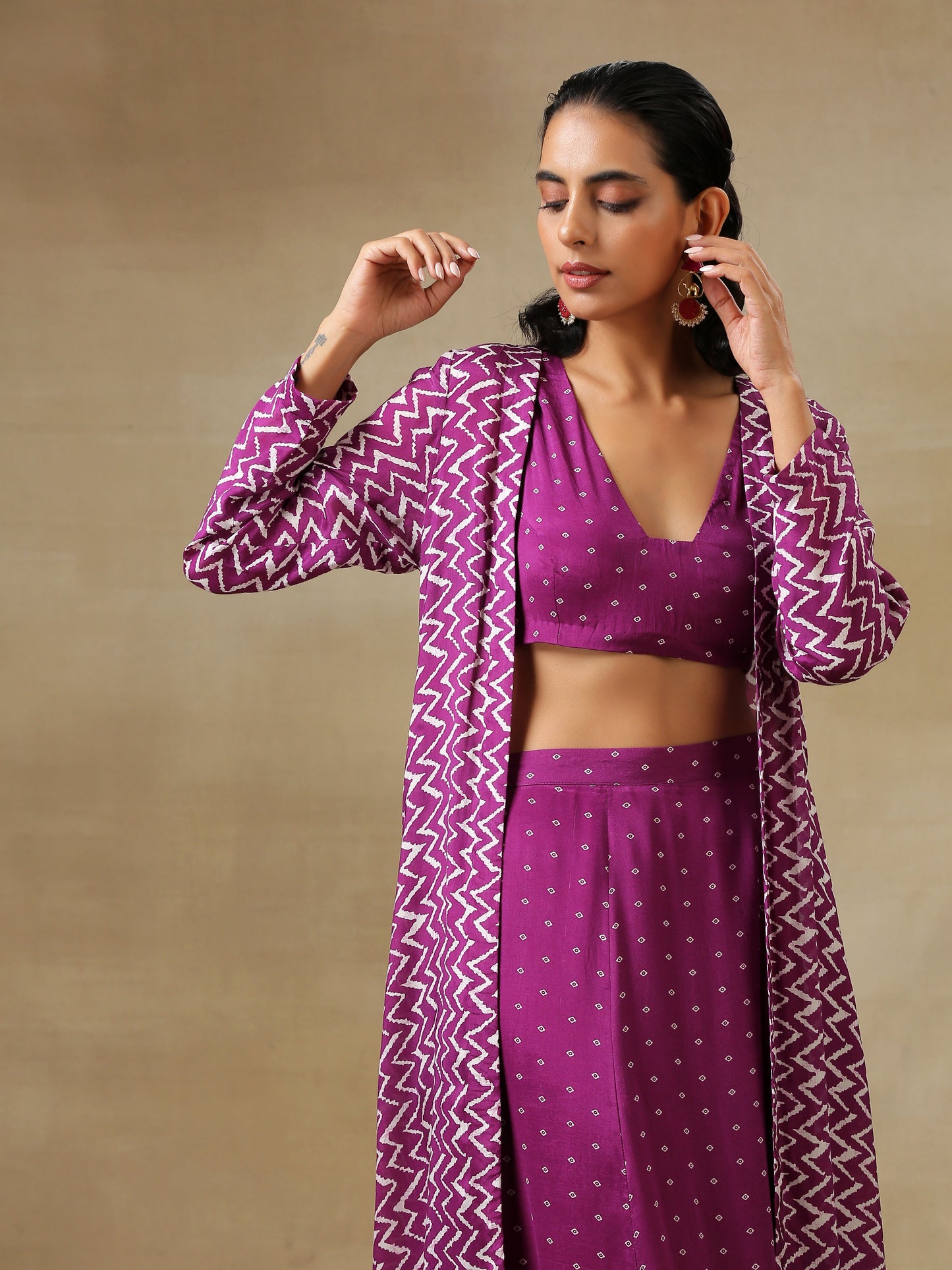 trueBrowns Purple Bandhani Printed Silk Top Skirt Jacket Set | Swadesiicart