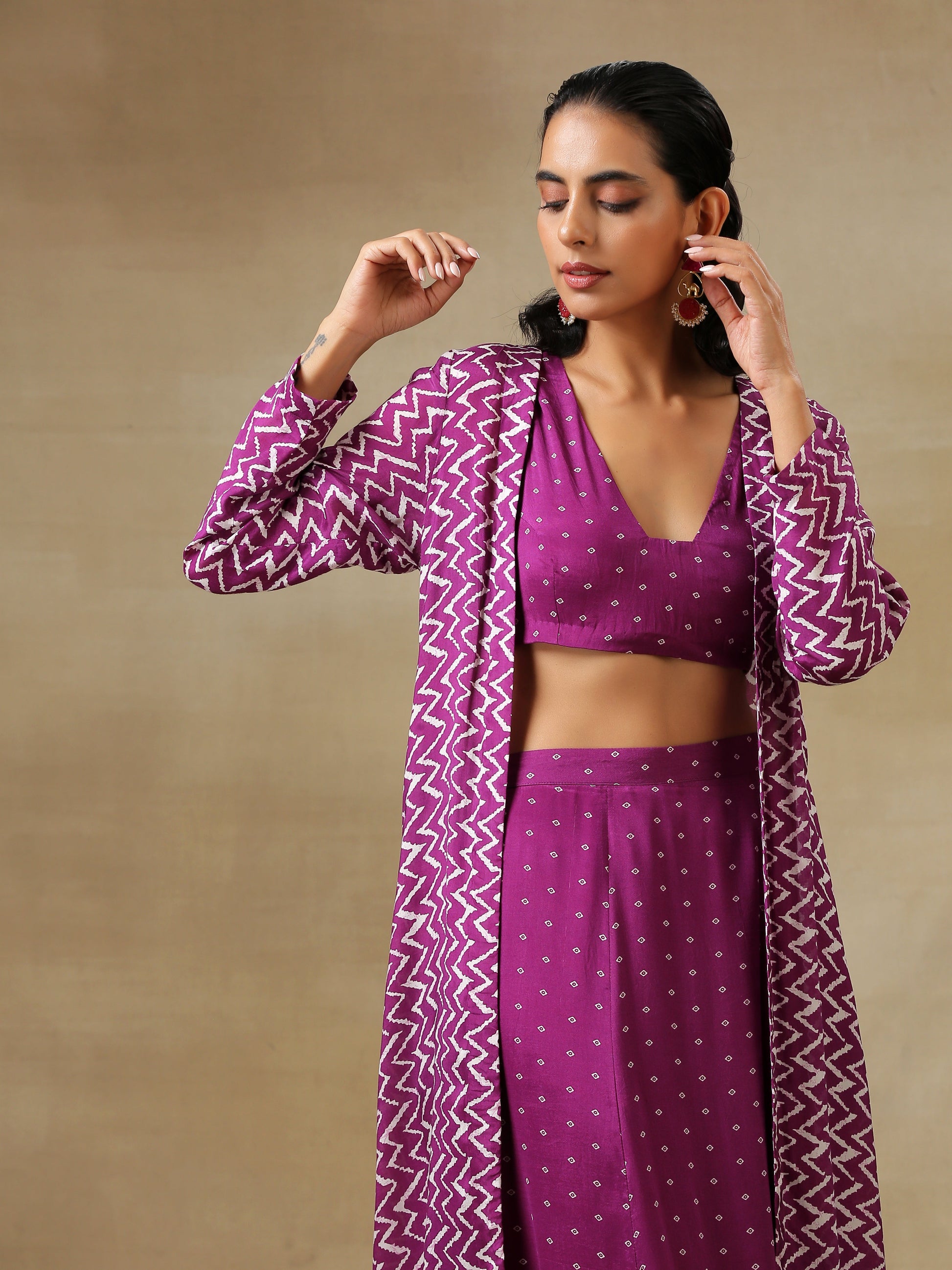 trueBrowns Purple Bandhani Printed Silk Top Skirt Jacket Set | Swadesiicart