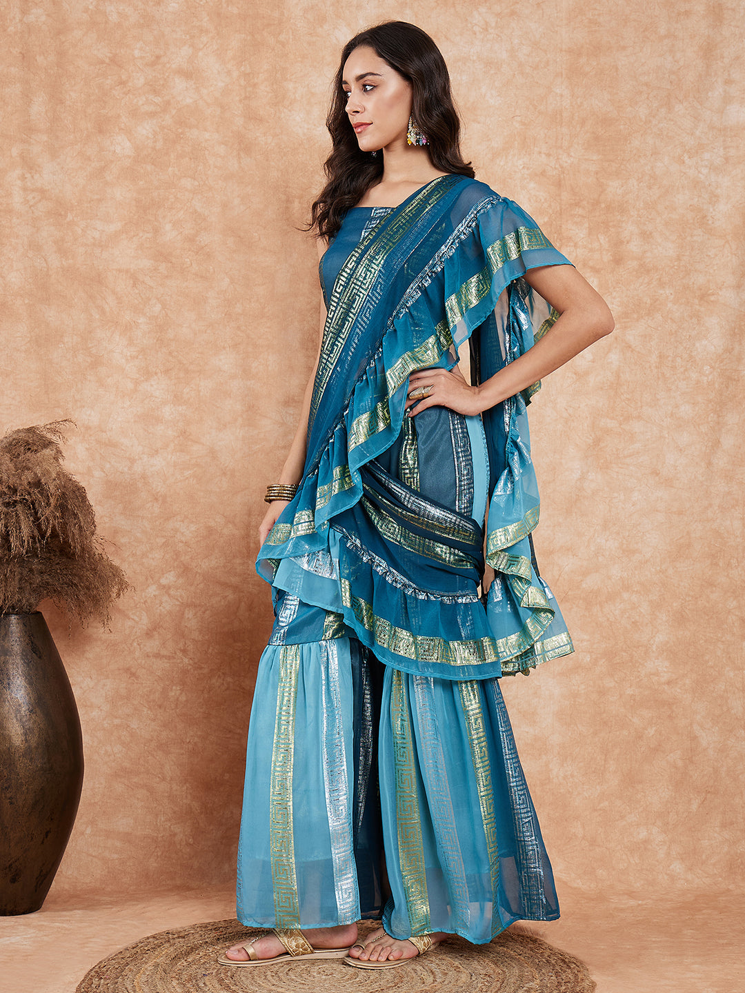 InWeave Women's Teal Shaded Lurex Frill Sharara Saree - Swadesiicart