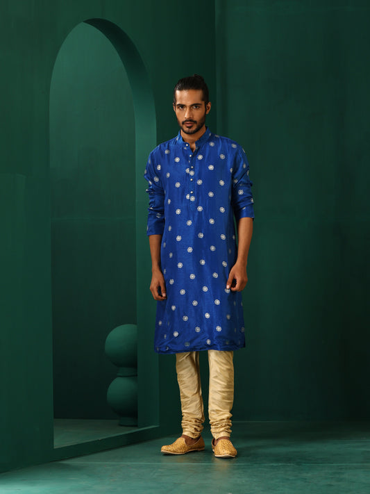 trueBrowns Men's Royal Blue Geometric Floral Viscose Silk Long Kurta | Swadesiicart