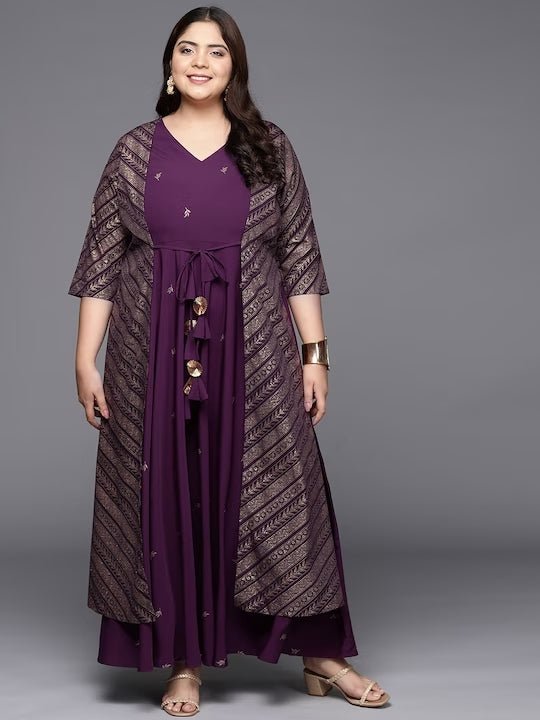 Ahalyaa Plus Size V-neck Maxi Ethnic Dress | Swadesiicart