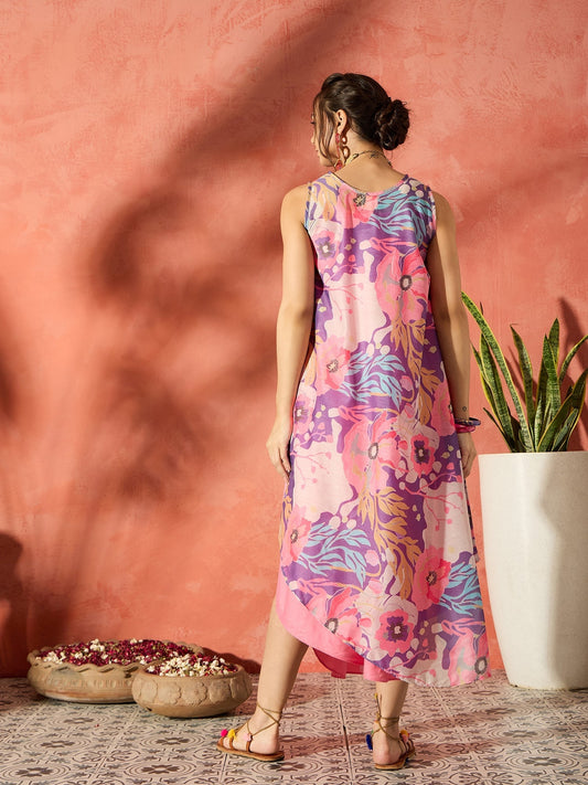 InWeave Purple Floral Peach Asymmetrical Dress - Swadesiicart
