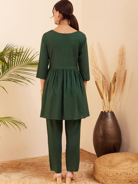 InWeave Women's Forest Green Round Neck Square Gota Work Kurta Pant Set - Swadesiicart