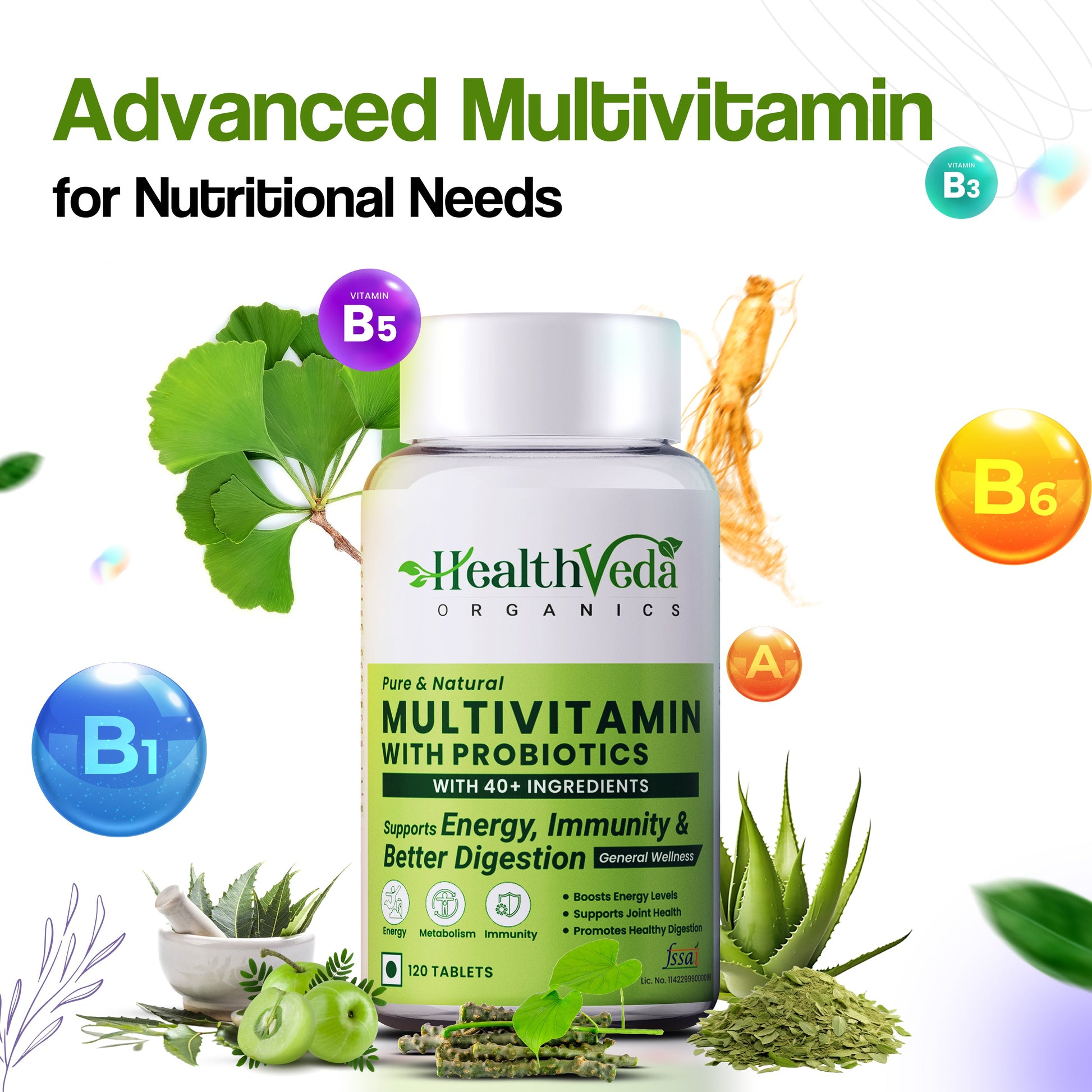 Health Veda Organics Multivitamin Tablets with Probiotics for both Men & Women - Swadesiicart
