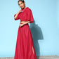 InWeave Women's Candy Red Gold Crop Top With Side Slit Skirt - Swadesiicart