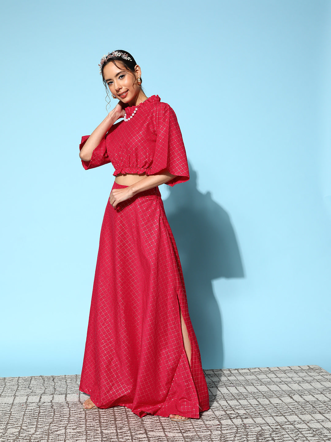 InWeave Women's Candy Red Gold Crop Top With Side Slit Skirt - Swadesiicart