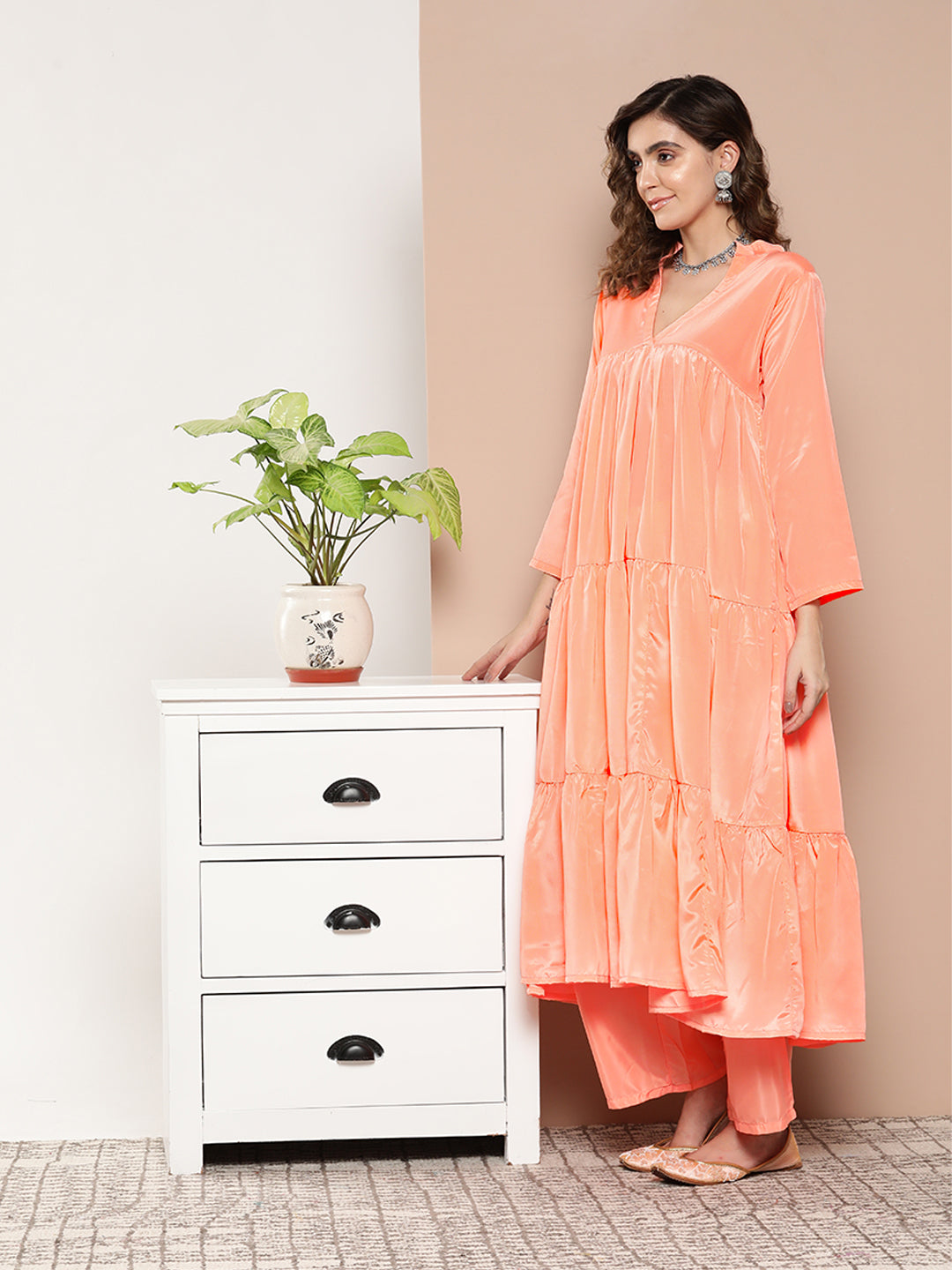 InWeave Women's Peach Tiered Anarkali Kurta Set - Swadesiicart