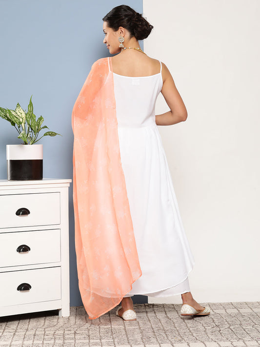 InWeave Women's Cream Strappy With Peach White Chintz Organza Dupatta - Swadesiicart