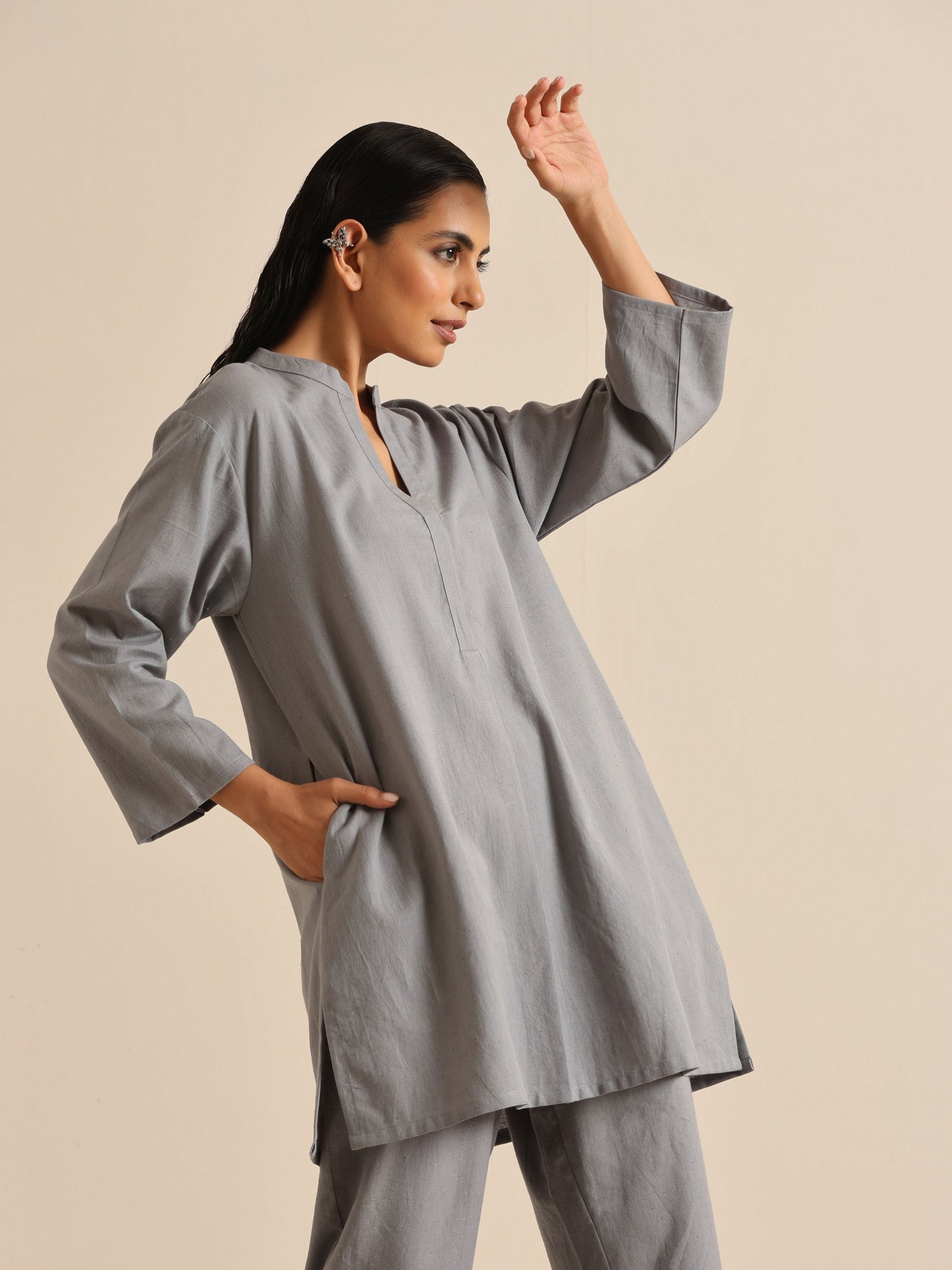 trueBrowns Steel Blue Khadi Relaxed Co-Ord Set - Swadesiicart