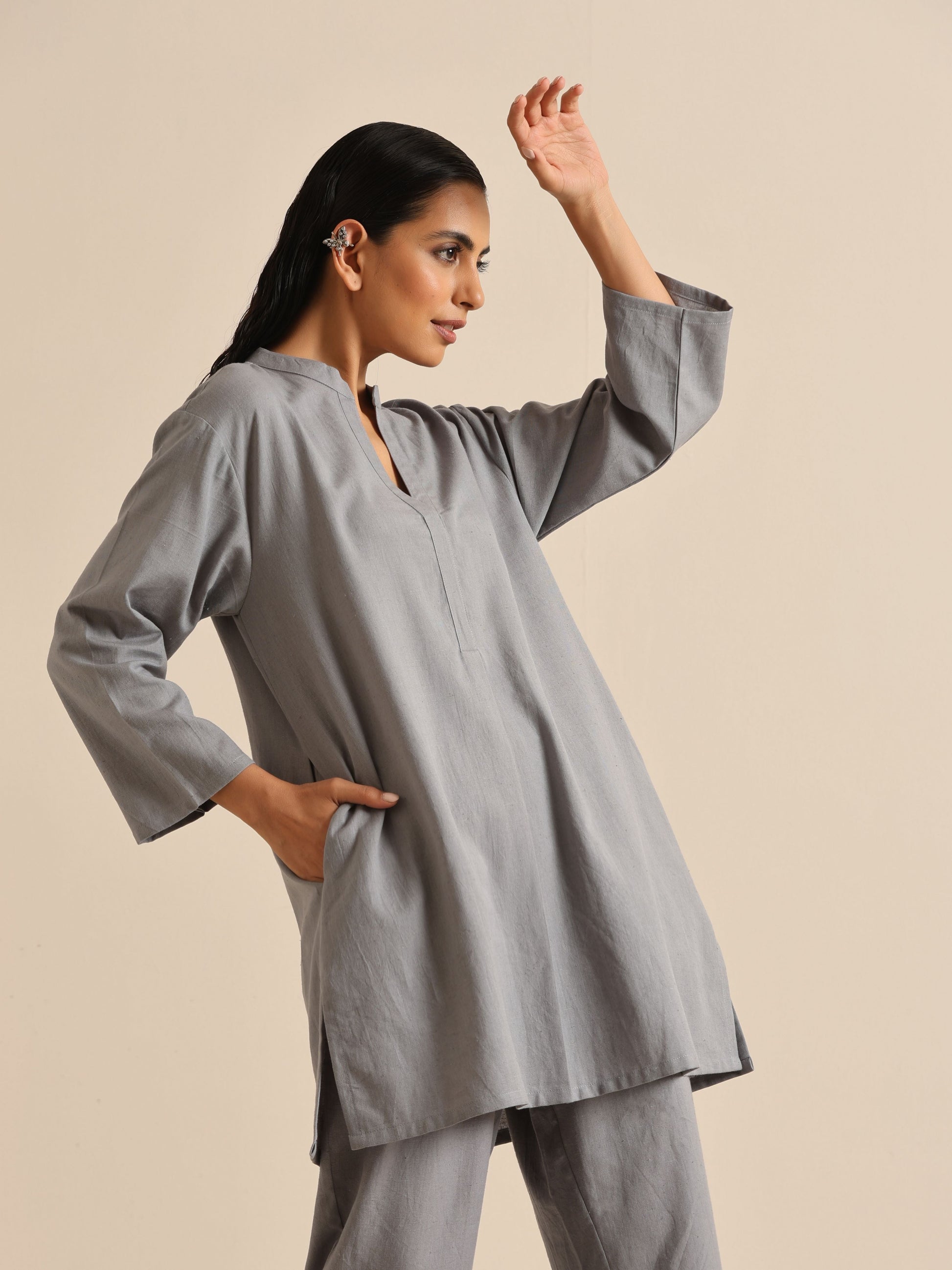 trueBrowns Steel Blue Khadi Relaxed Co-Ord Set - Swadesiicart