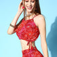 InWeave Women's Red Bandhej Crop Top With Skirt Set - Swadesiicart