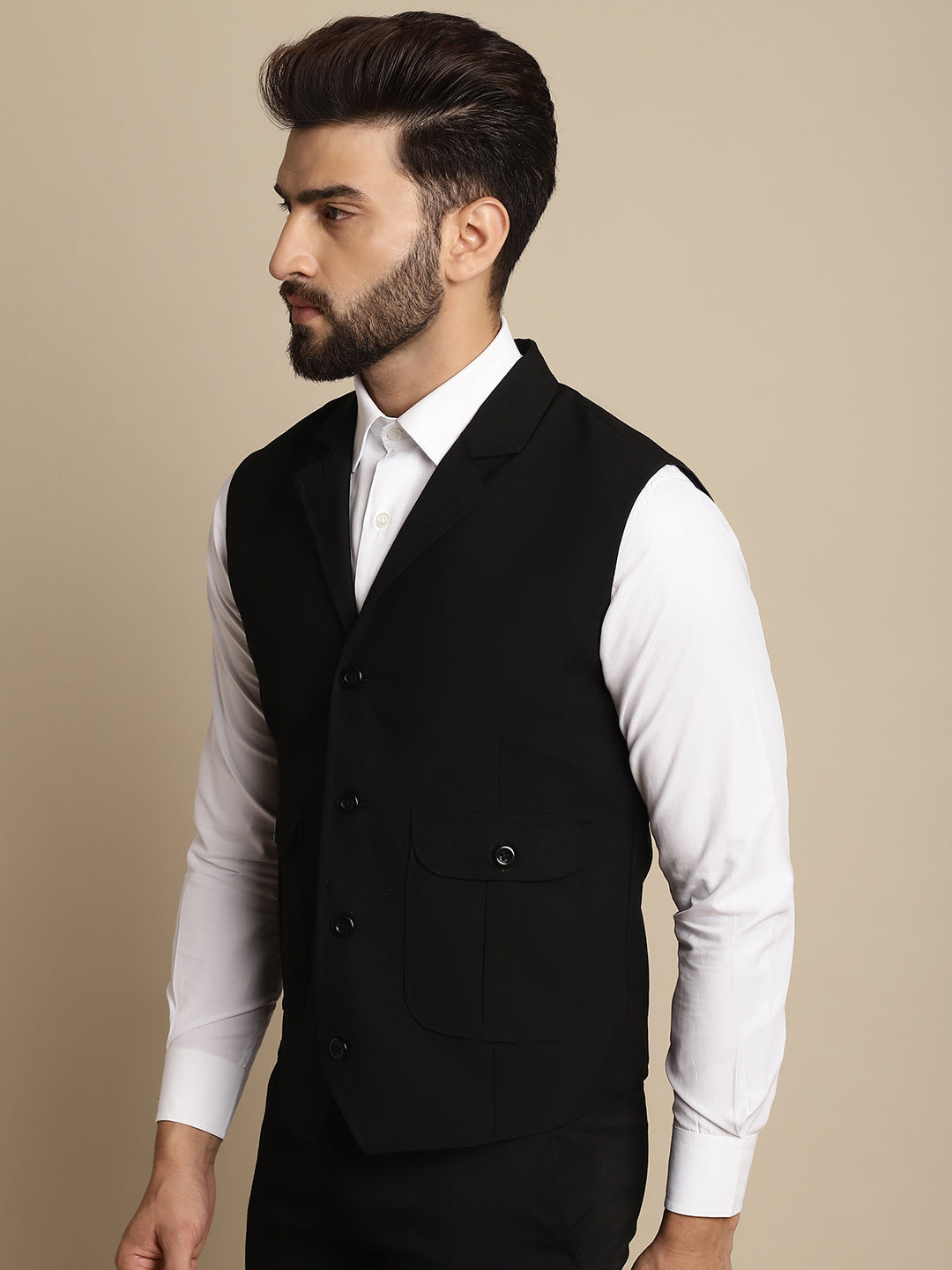 Even Apparels Men's Black Waistcoat with Notched Lapel | Swadesiicart