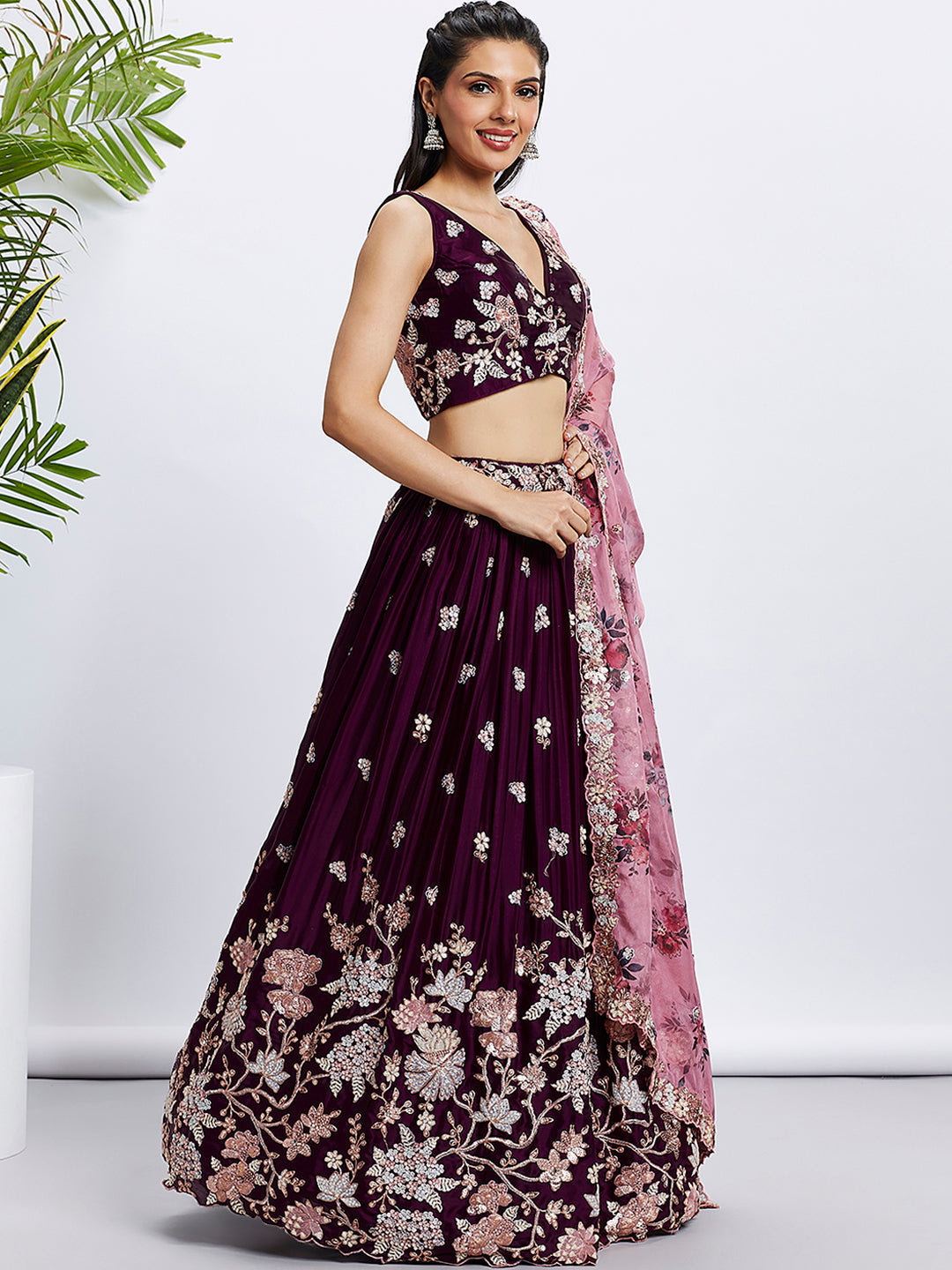 House of Panchhi Purple Pure Georgette Sequins And Thread Embroidery Lehenga Choli & Dupatta | Swadesiicart