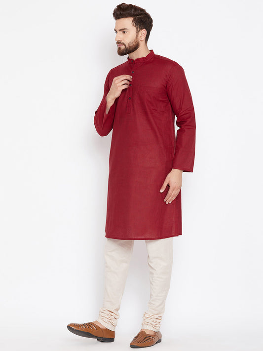 Even Apparels Maroon Pure Cotton Kurta With Band Collar | Swadesiicart