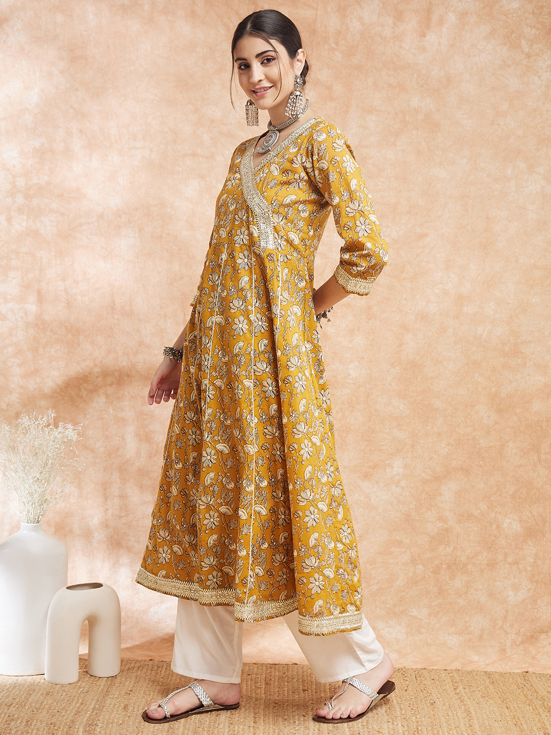 InWeave Women's Mustard Printed Gota Embroidered Anarkali Kurta - Swadesiicart
