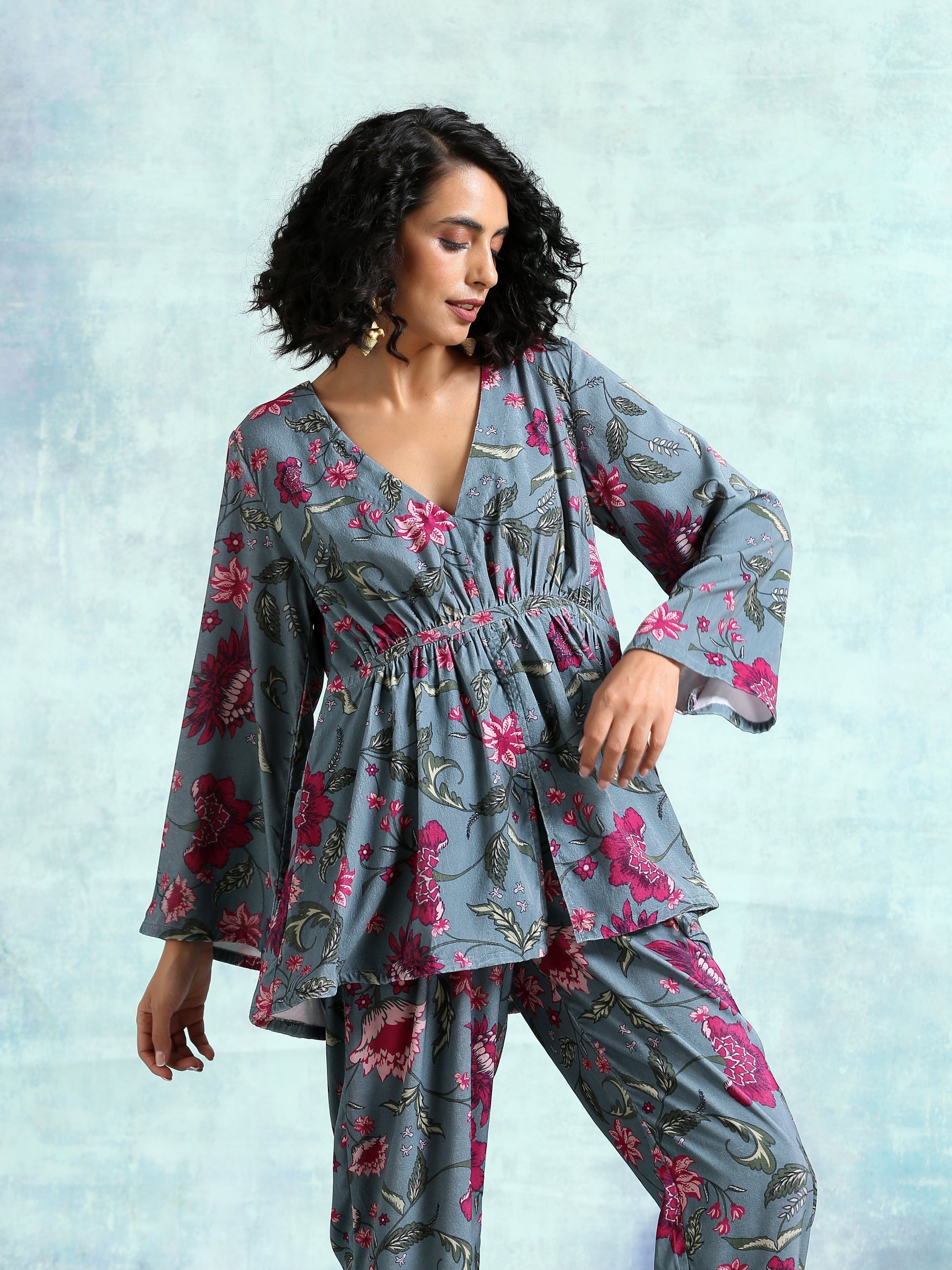 trueBrowns Grey Printed Velvet Co-Ord Set - Swadesiicart