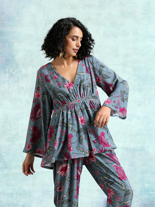 trueBrowns Grey Printed Velvet Co-Ord Set - Swadesiicart