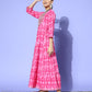 InWeave Women's Abstract Pink Print Long Dress With Work - Swadesiicart