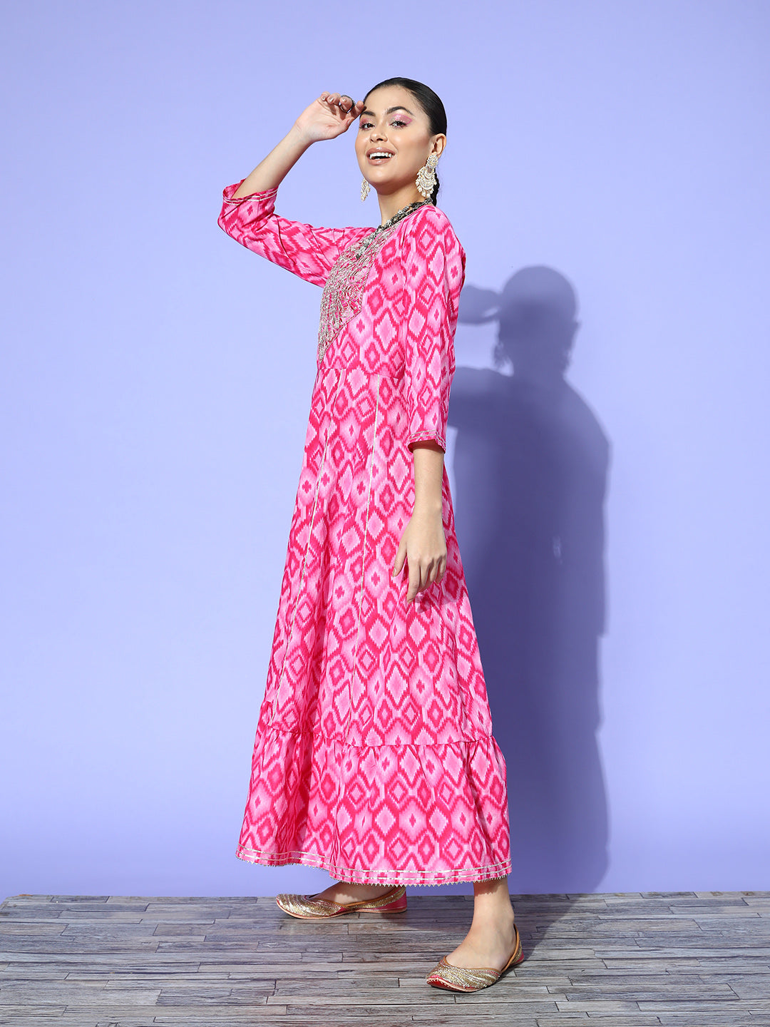 InWeave Women's Abstract Pink Print Long Dress With Work - Swadesiicart