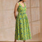 trueBrowns Lime Green Overall Teal Floral Block Print Cotton Sleeveless Wrap Dress | Swadesiicart