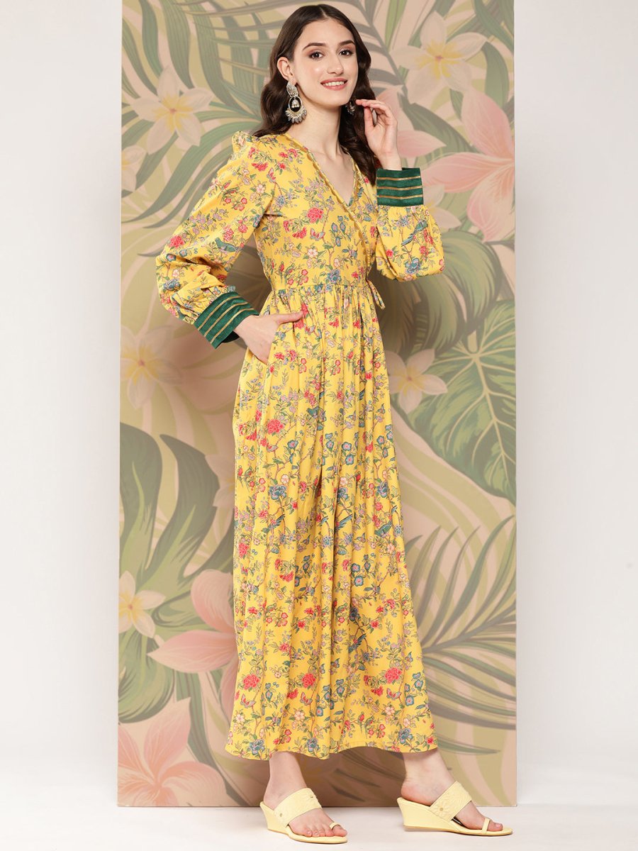 Ahalyaa Floral Printed Tie-Ups Crepe Empire Ethnic Dress | Swadesiicart