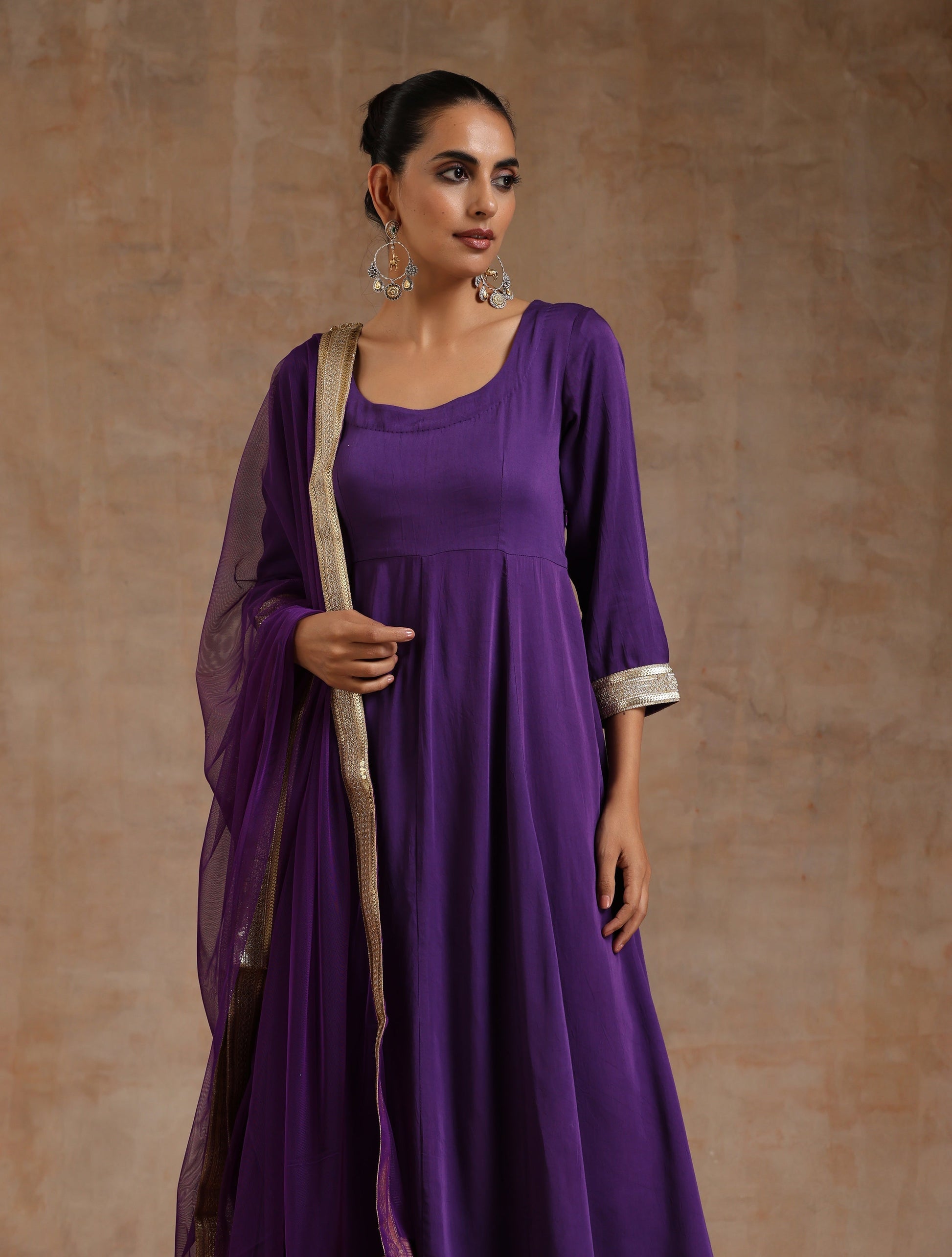 trueBrowns Violet Modal Satin Anarkali Set | Swadesiicart