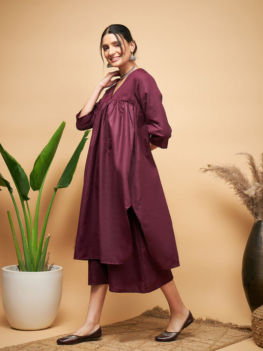 InWeave Women's Wine Solid Flared Kurta Palazzo Set - Swadesiicart
