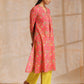 trueBrowns Flamingo Pink Overall Floral Block Print Cotton Slit Kurta Pant Set | Swadesiicart