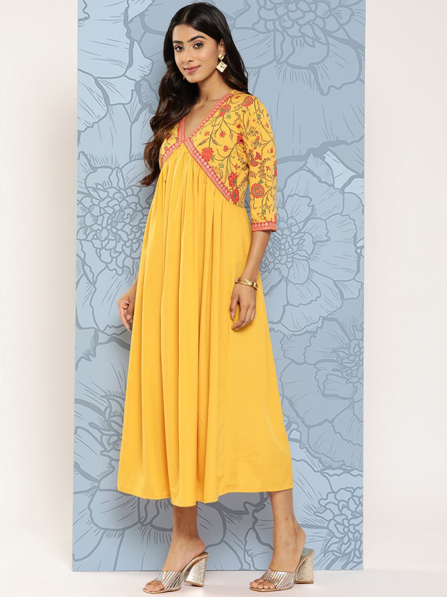 Ahalyaa Floral Print Crepe Empire Midi Ethnic Dress | Swadesiicart