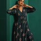 trueBrowns Deep Blue Floral Bunch Muslin Silk Printed V-Neck Waist Gathered Kurta Pant Set | Swadesiicart