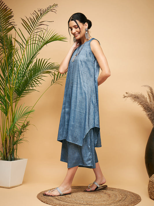InWeave Women's Blue Lurex Short Pallazo Kurta Set - Swadesiicart