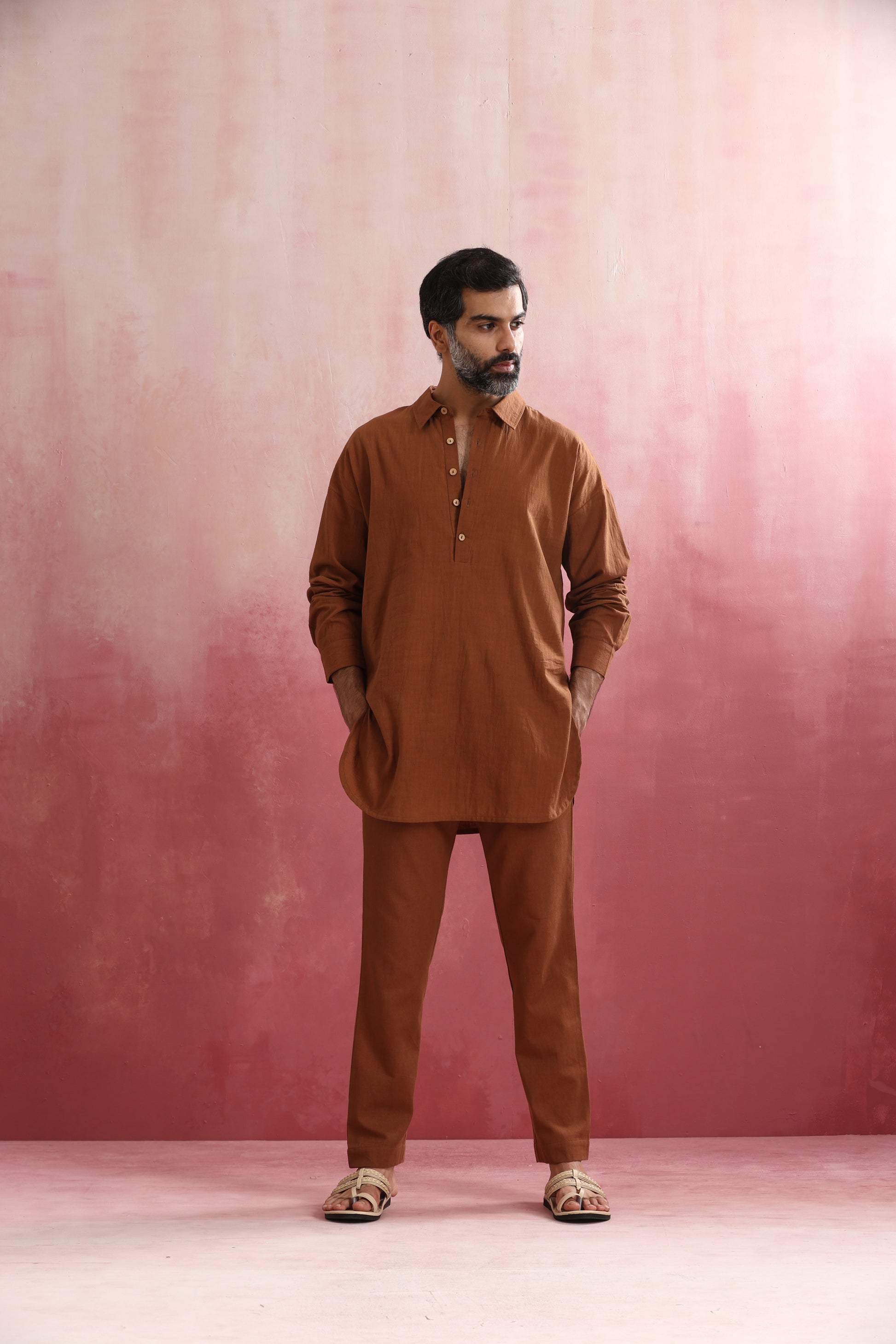 trueBrowns Men's Brown Cotton Shirt Collar Stylized Kurta Co-ord set - Swadesiicart