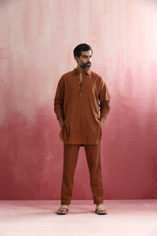 trueBrowns Men's Brown Cotton Shirt Collar Stylized Kurta Co-ord set - Swadesiicart