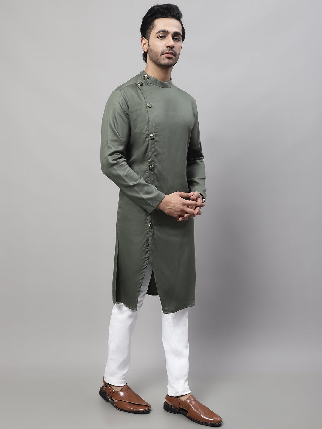 Even Apparels Green Sherwani Kurta With Asymetrical Cut | Swadesiicart