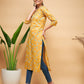 InWeave Women's Yellow Foil Print Gota Straight Kurta - Swadesiicart