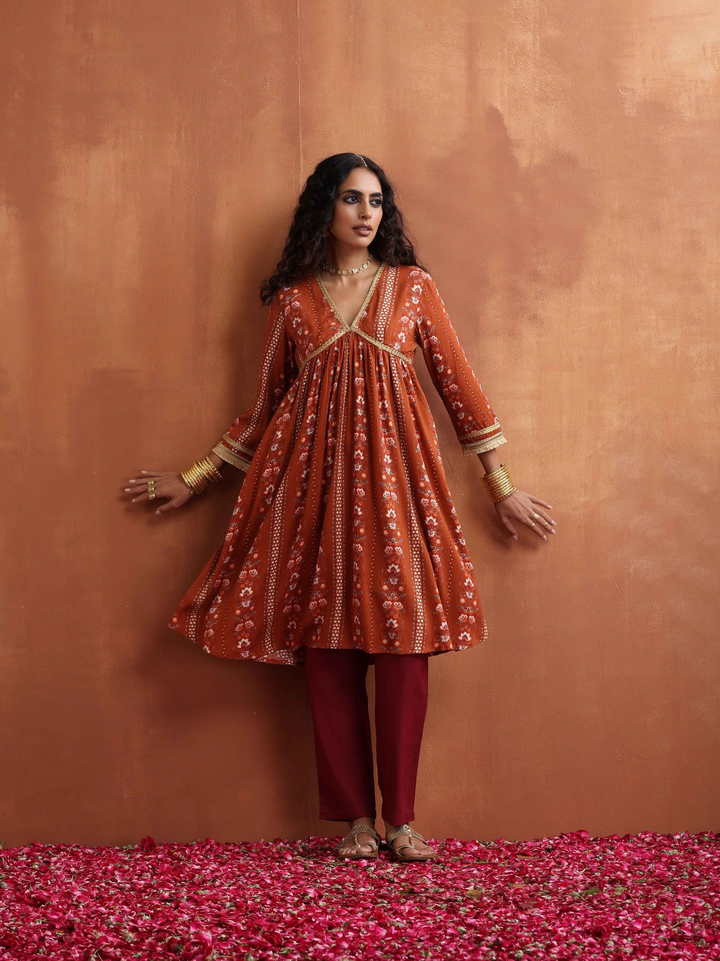 trueBrowns Orange Print Anarkali Kurta Co-ord Set - Swadesiicart