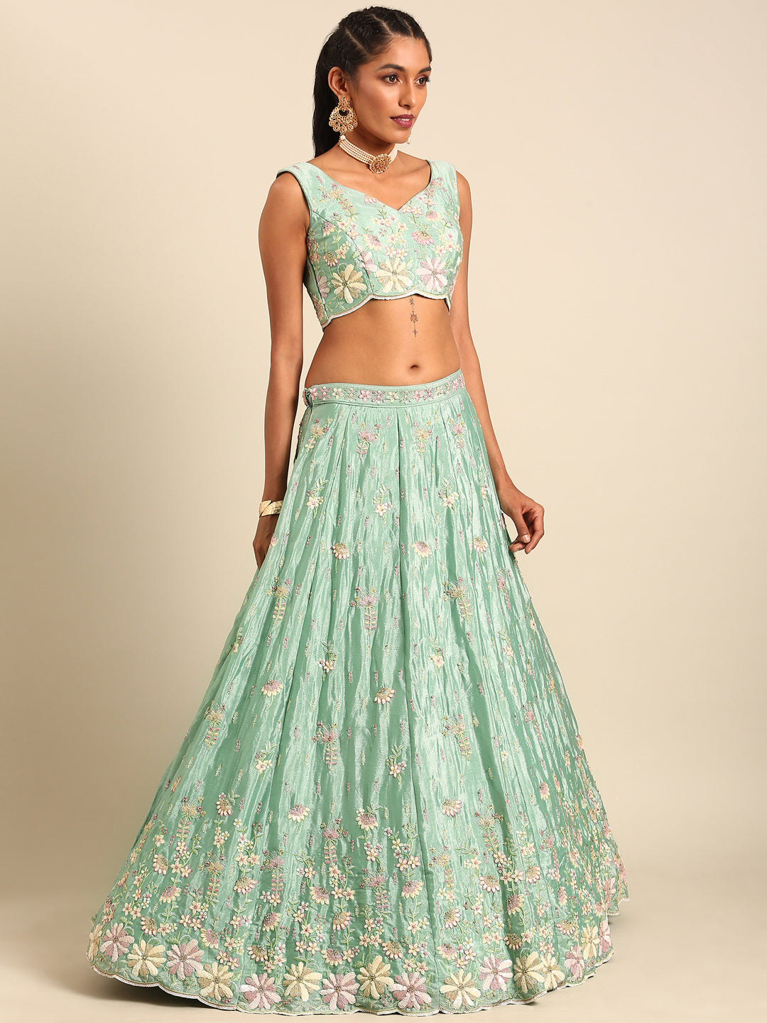 House of Panchhi Sea Green Georgette heavy Sequinse embroidery Lehenga choli & Dupatta | Swadesiicart