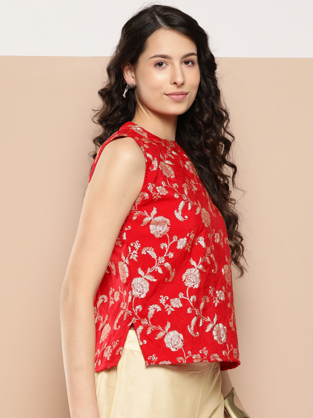 InWeave Women's Red Brocade Halter Top - Swadesiicart