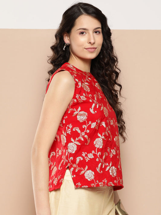 InWeave Women's Red Brocade Halter Top - Swadesiicart