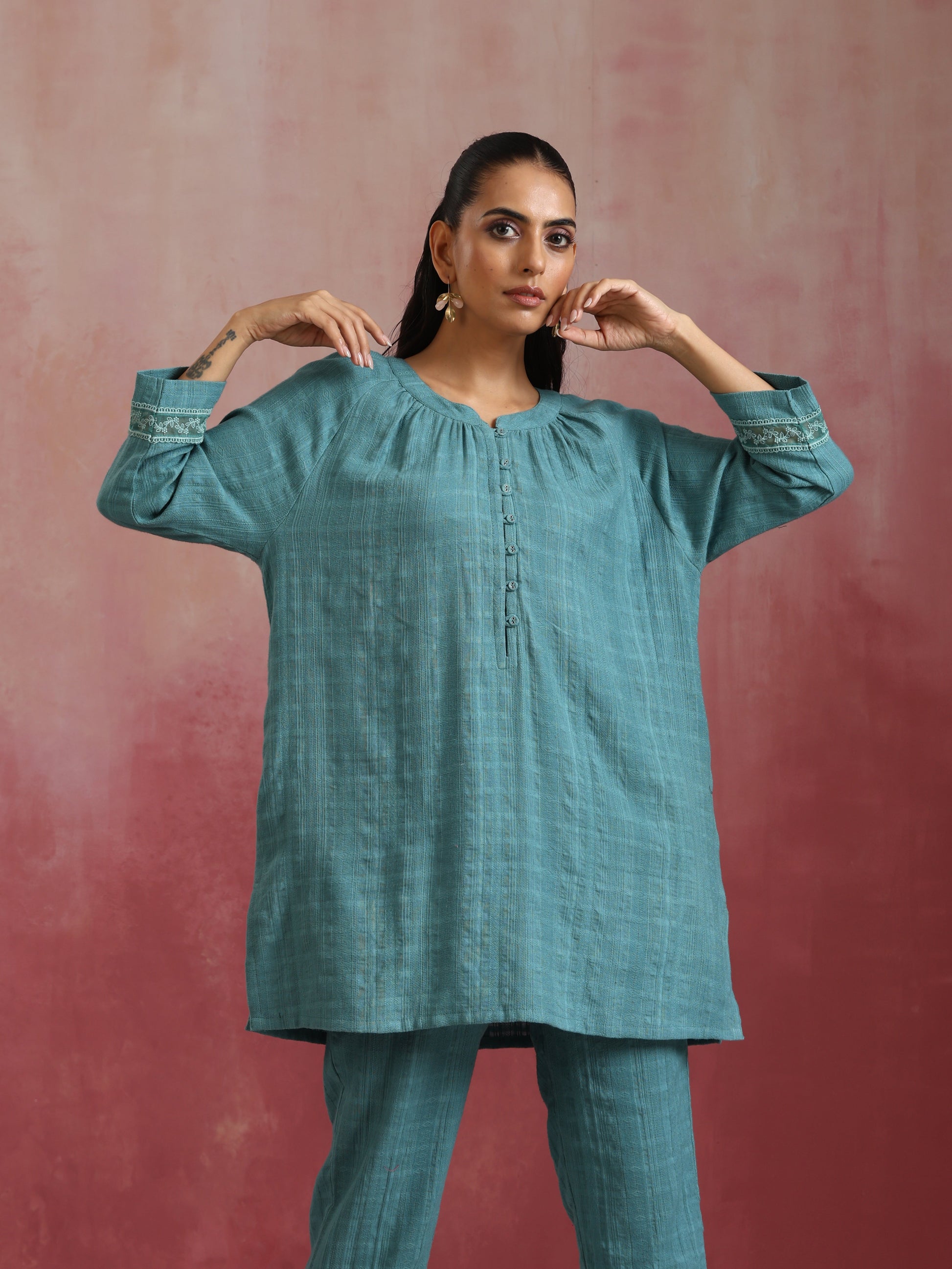 trueBrowns Light Blue Cotton Dobby Co-ord set - Swadesiicart