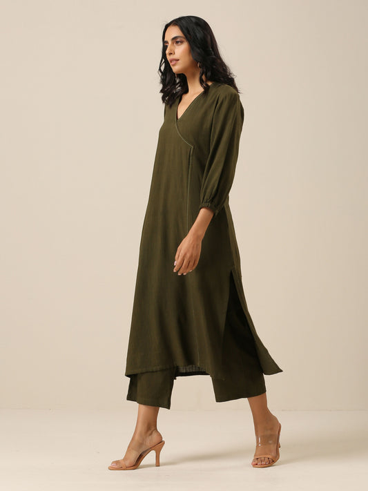 trueBrowns Olive Green Slub Texture Kurta Pant Set | Swadesiicart
