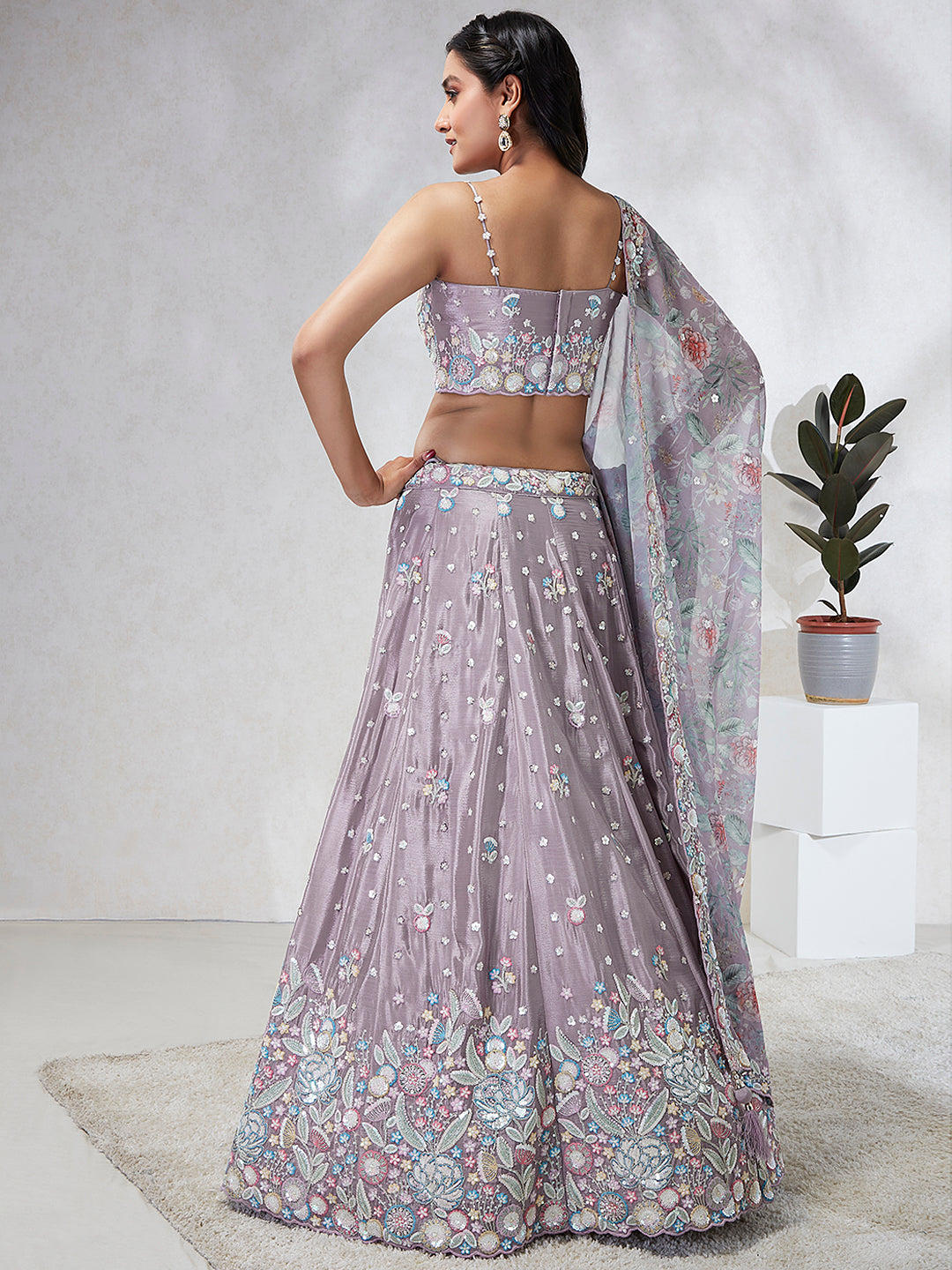 House of Panchhi Mauve Chiffon Sequins And Thread Embroidery Lehenga Choli & Dupatta | Swadesiicart