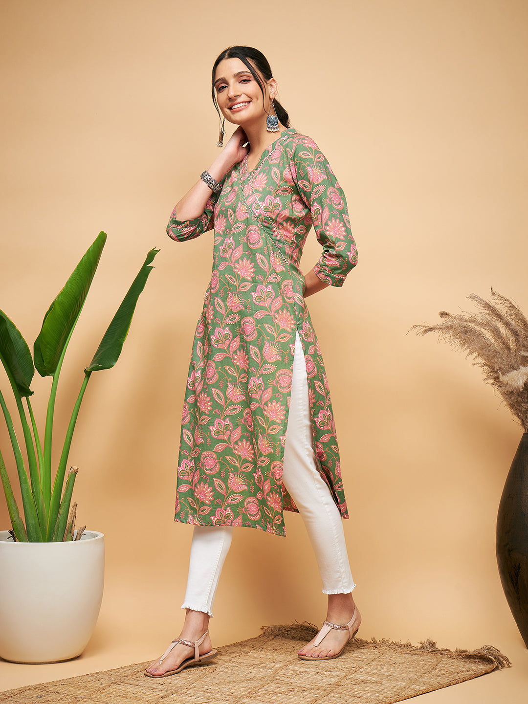 InWeave Women's Green Pink Floral Angrakha Straight Kurta - Swadesiicart