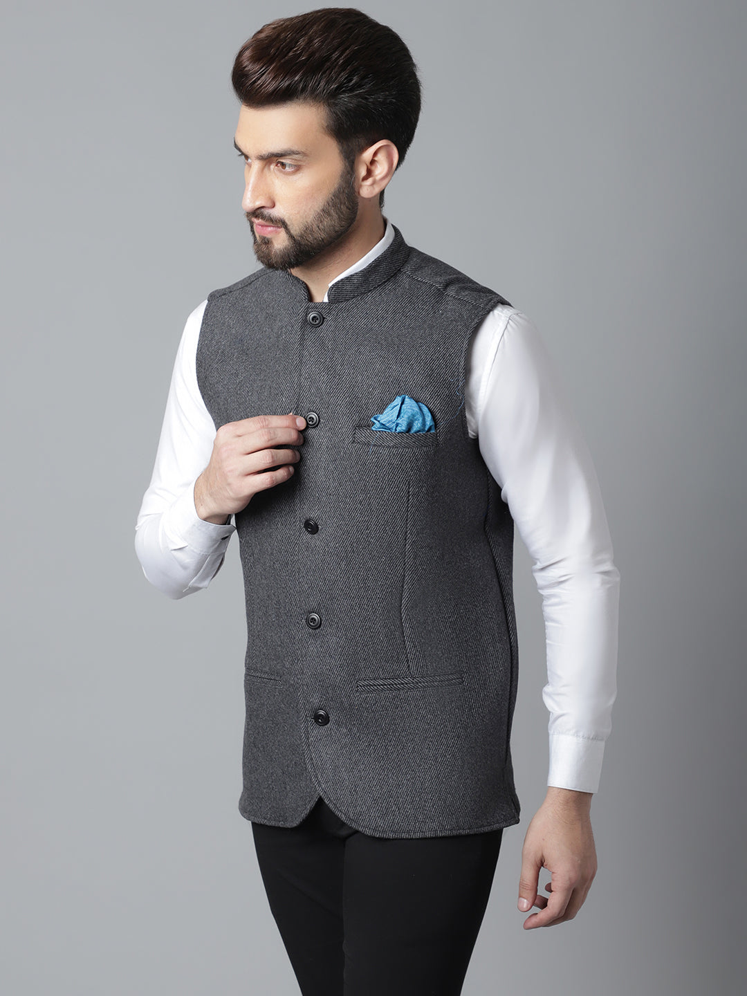 Even Apparels Men's Grey Pure Wool Nehru Jacket | Swadesiicart