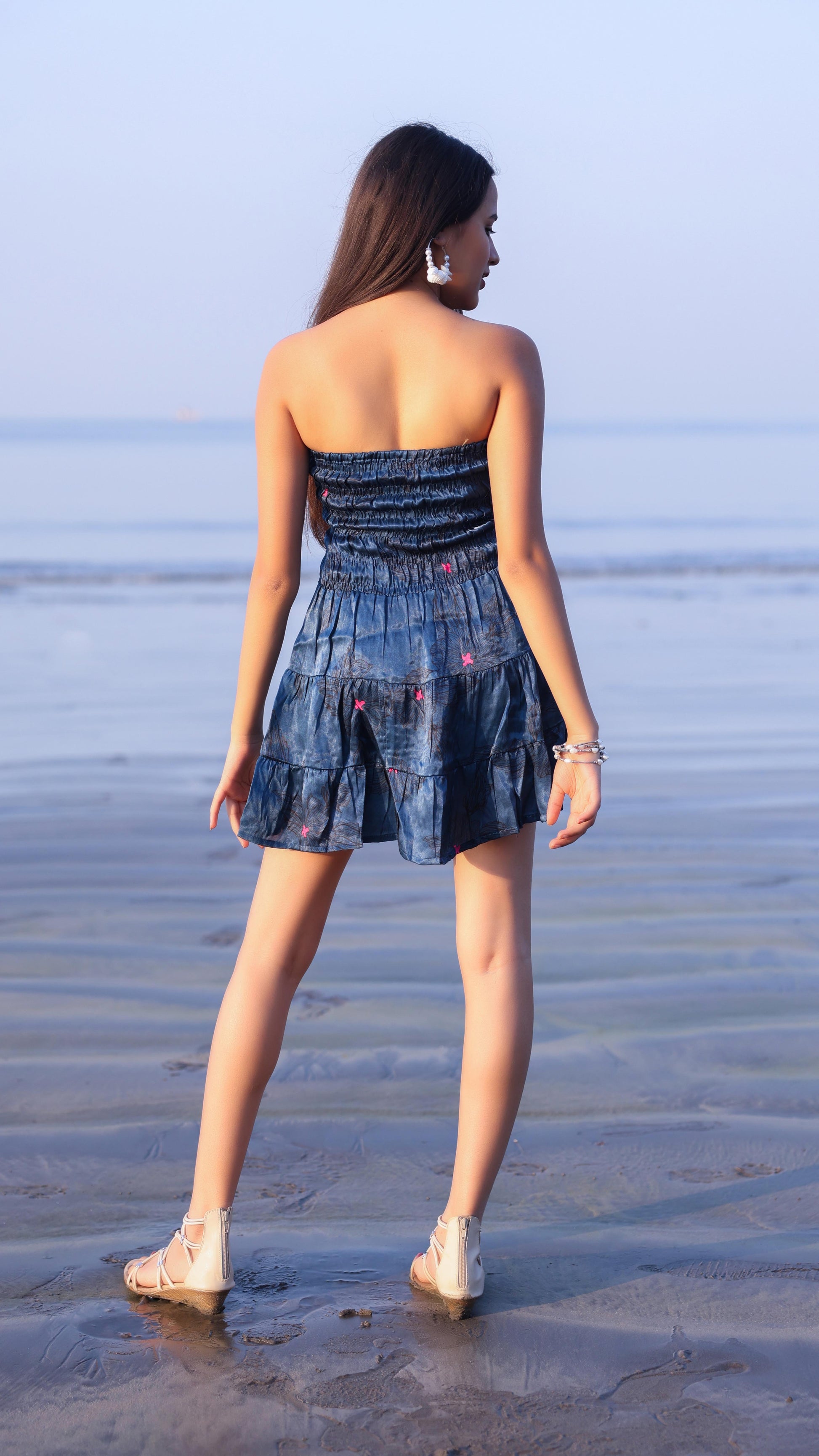 Noroke Modal Steel Blue Printed Mini Tiered Dress | Swadesiicart