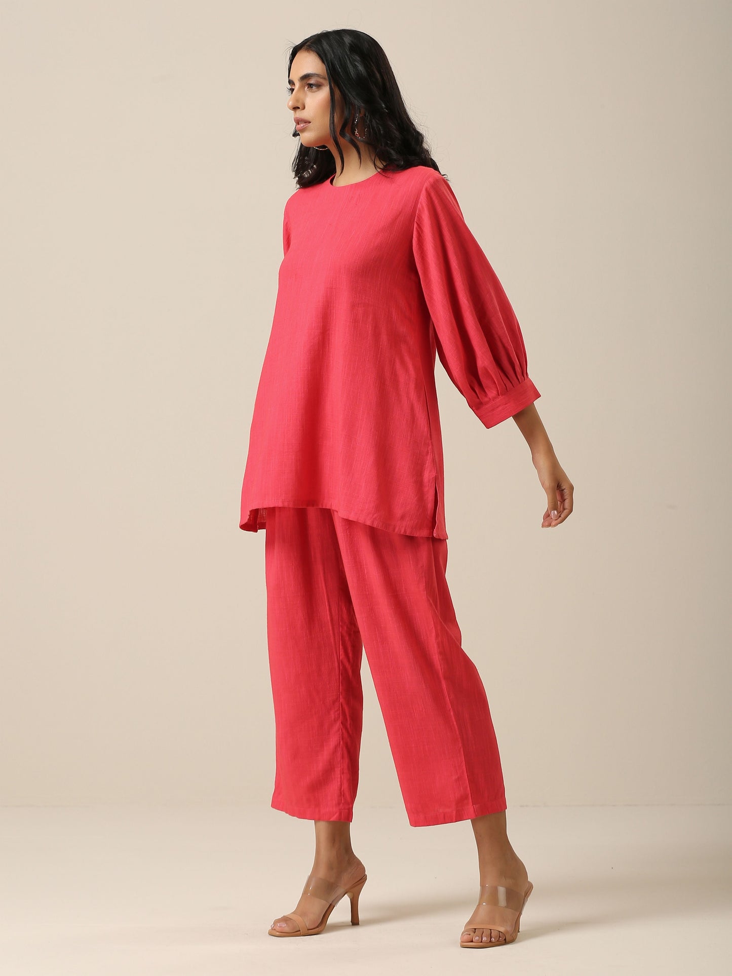 trueBrowns Bright Pink Slub Texture Baggy Sleeve Co-Ord Set | Relove - Swadesiicart