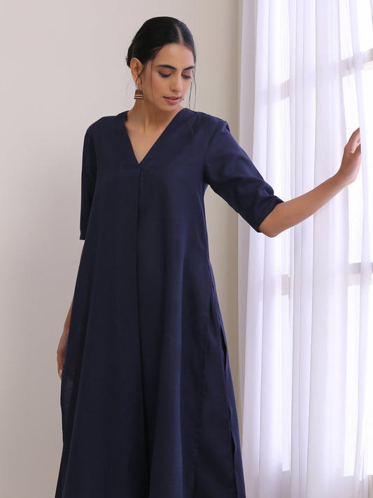 trueBrowns Blue Slub High Slit Kurta Pant Set | Swadesiicart