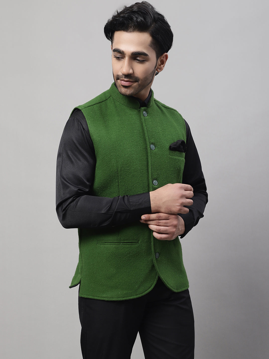 Even Apparels Men's Green Pure Wool Nehru Jacket | Swadesiicart