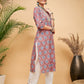 InWeave Women's Red Blue Ogee Print Gota Straight Kurta - Swadesiicart