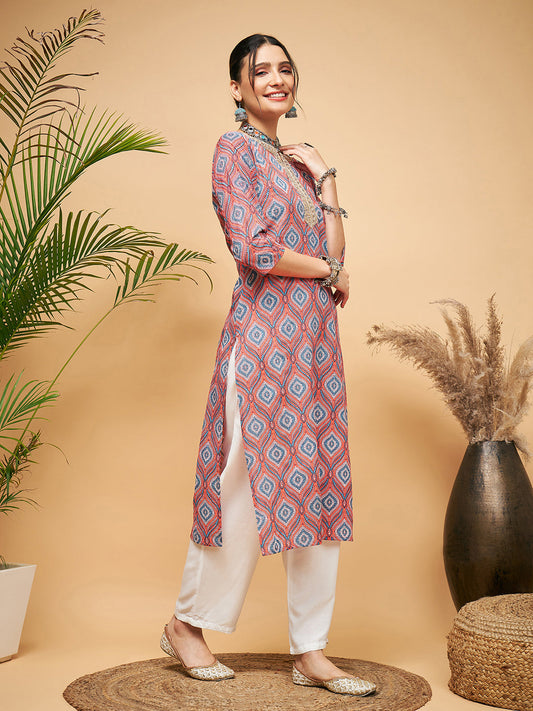InWeave Women's Red Blue Ogee Print Gota Straight Kurta - Swadesiicart